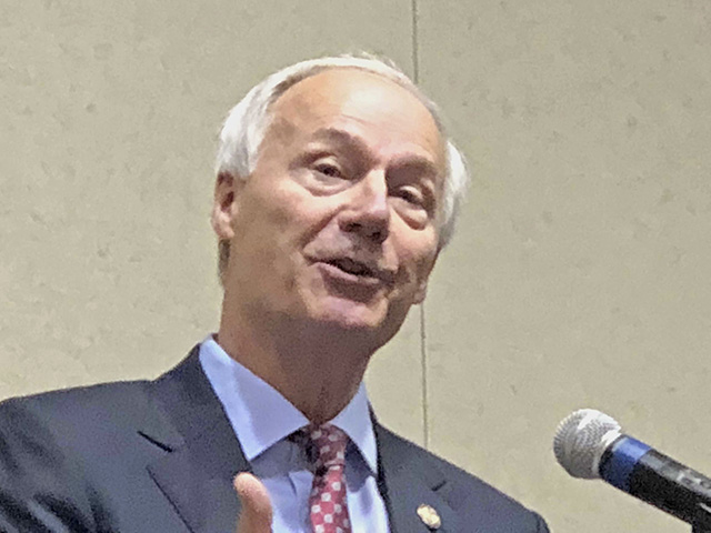 Arkansas Gov. Asa Hutchinson talks about agriculture and technology recently at a law conference focusing on those topics, Image by Chris Clayton